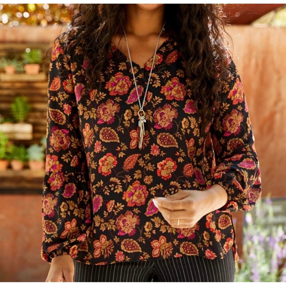Maurices Womens Large Floral‎ Paisley V-Neck Bell Sleeve Blouse Black Orange L